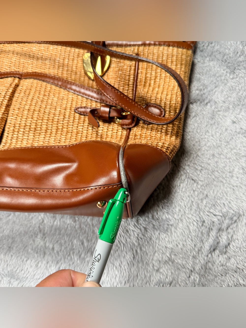 Lauren Ralph Lauren Straw Tote with Brown Leather Trim - Picture 9 of 11